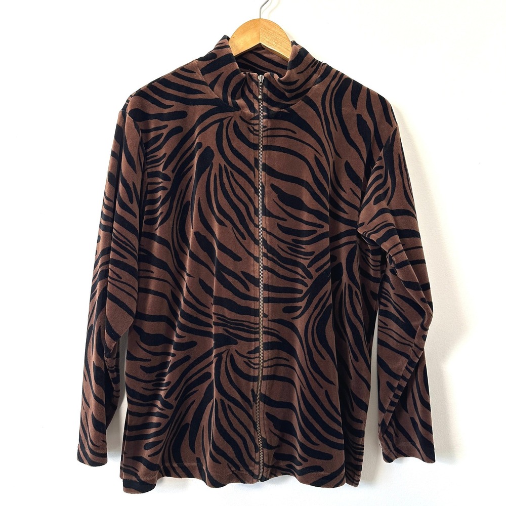 Y2K Tiger Stripe Velour Zip Jacket Brown Animal Print Retro Glam Mob Wife Large